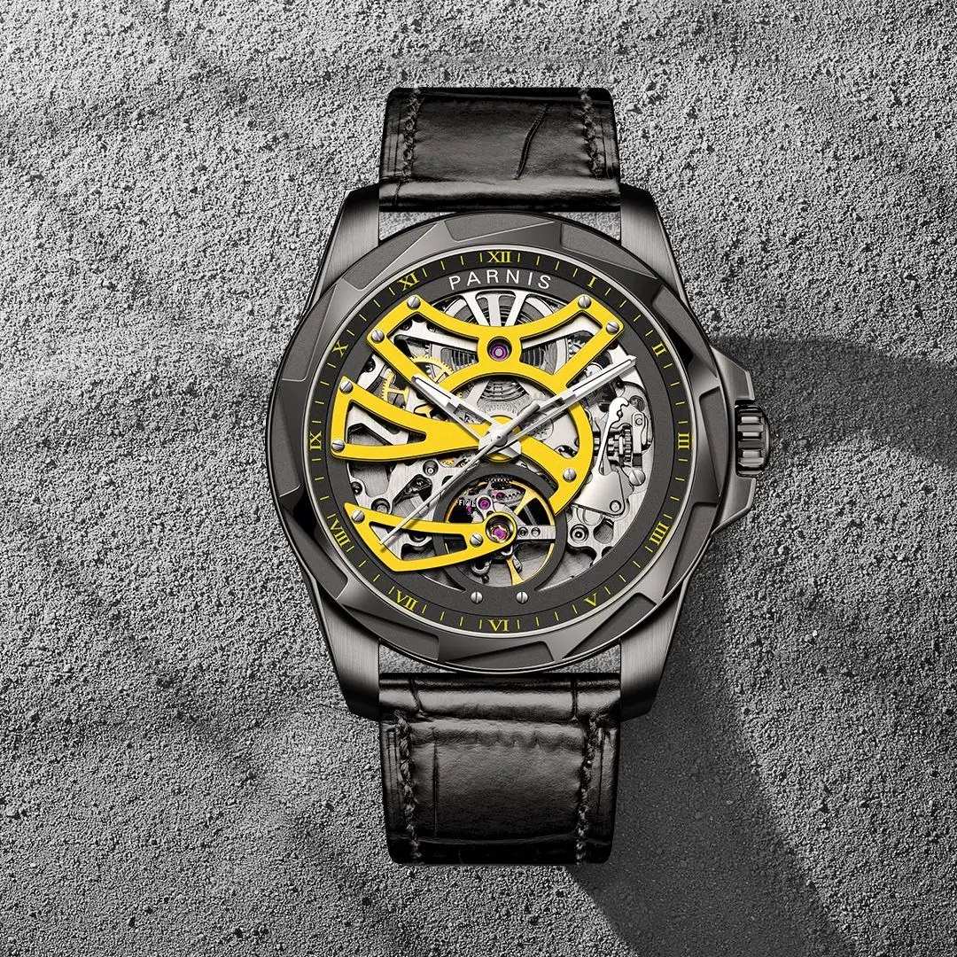 Модные мужские механические наручные часы Parnis 43 мм с календарем желтым