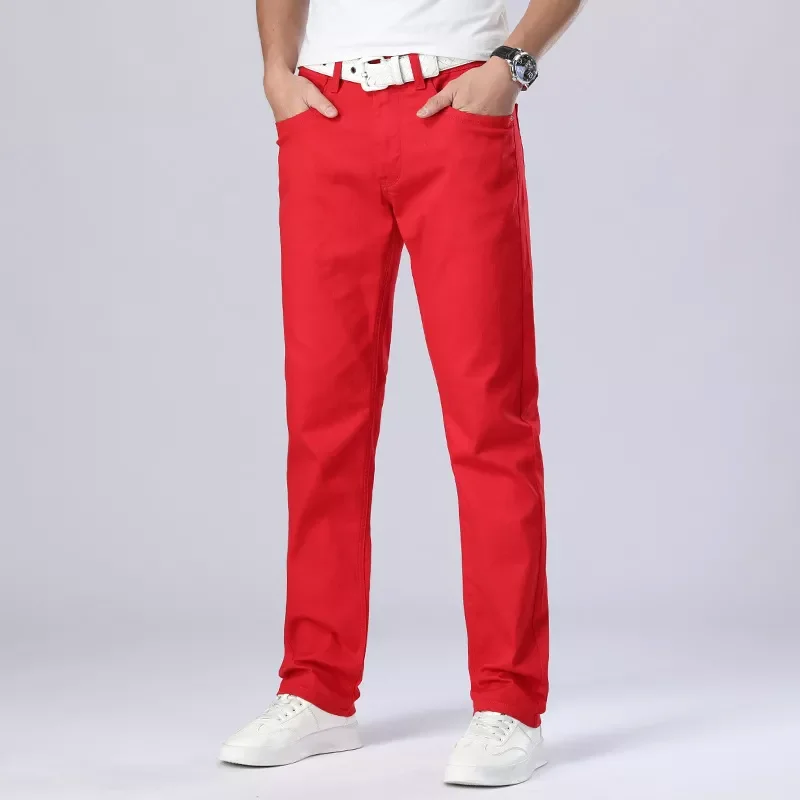 2022New Summer Men Wine Red Jeans Fashion Casual Boutique Business Casual Straight Denim Stretch Trousers Men's Brand Pants