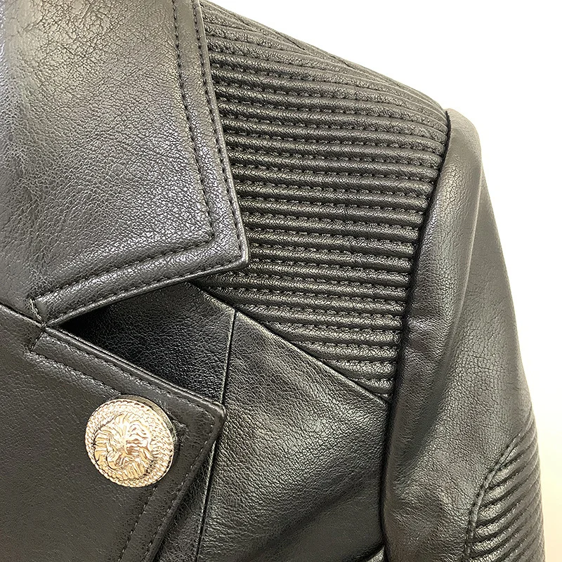 Newest Fall Winter 2023 Designer Motorcycle Jacket Women's Lion Metal Buttons Double Breasted Synthetic Leather Blazer Overcoat