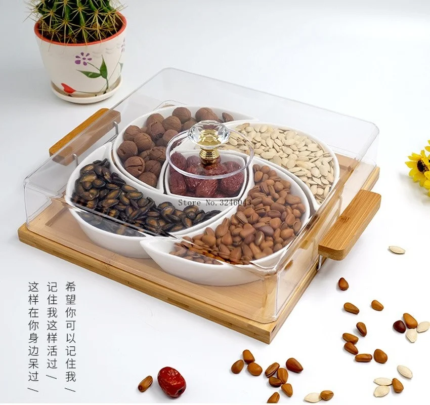 

Separated ceramic dried fruit platter square snack candy nut box combination with lid snack tray
