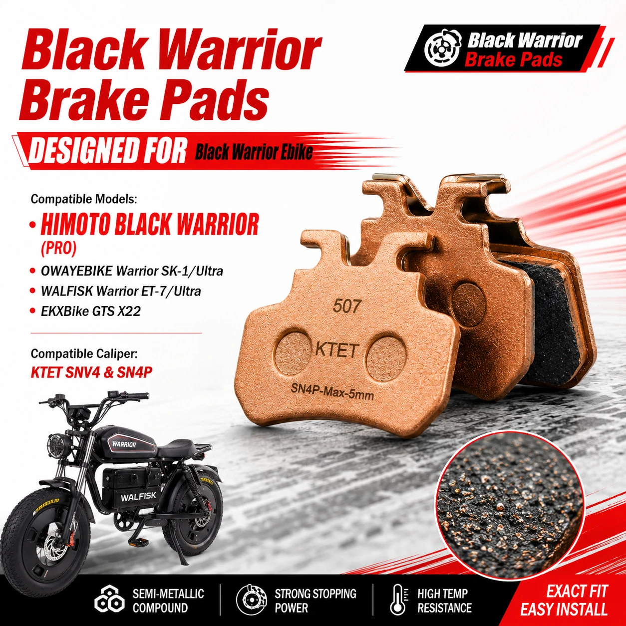 Фото Тормозные колодки Black Warrior, полуметаллические, с быстрым охлаждением, для Himoto OWAYEBIKE WALFISK EKXBike KTET SN-V4 XD-SN-4P Ebike №2