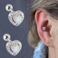 1pc 361l surgical steel opal heart ear tragus cartilage stud earring helix piercing white opal ear lobe piercing body jewelry