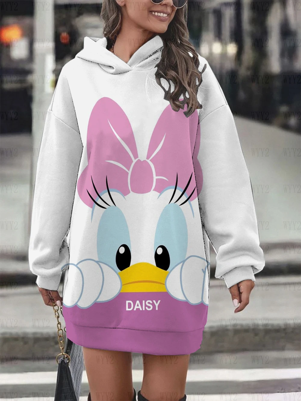 

Новое платье-свитер с капюшоном и принтом Disney Дональд Дак Дейзи, повседневное уличное модное платье в простом стиле, платье-свитер, Топ