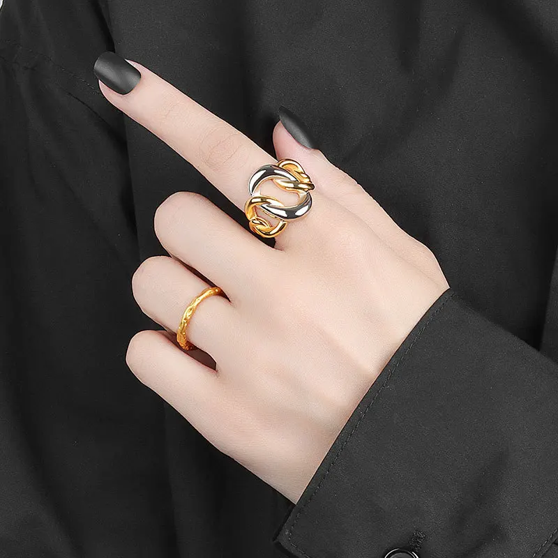 

2022 New Fashion Metal Chain Twisted Two-color Thick Chain Ring Retro Student Simple Open Ring for Women Party Accessories
