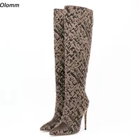 Olomm Handmade Women Knee High Boots Back Zipper Stiletto Heels Pointed Toe Pretty Brown Party Shoes Women Plus US Size 5-15