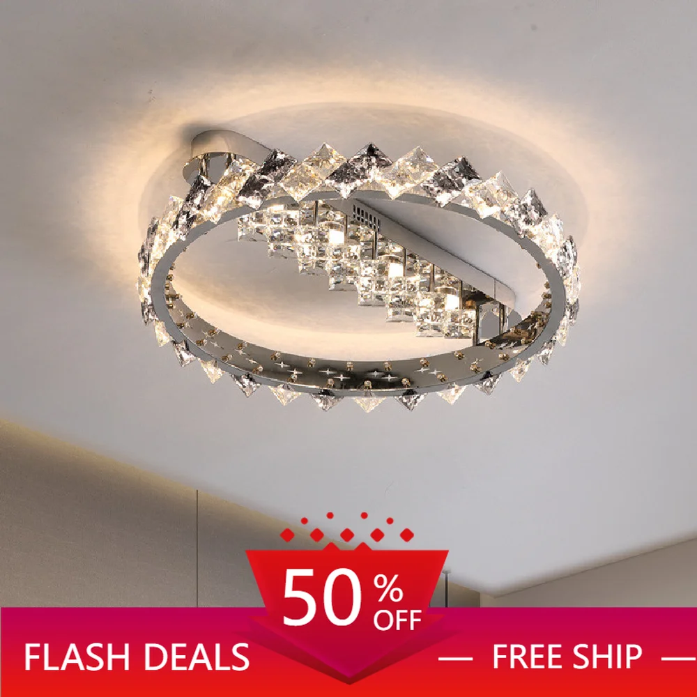 

Luxury Modern Foyer Led Dimmable Ceiling Lights Lustre Gray K9 Crystals Led Luminarias Bedroom Chrome Steel Led Ceiling Lamp