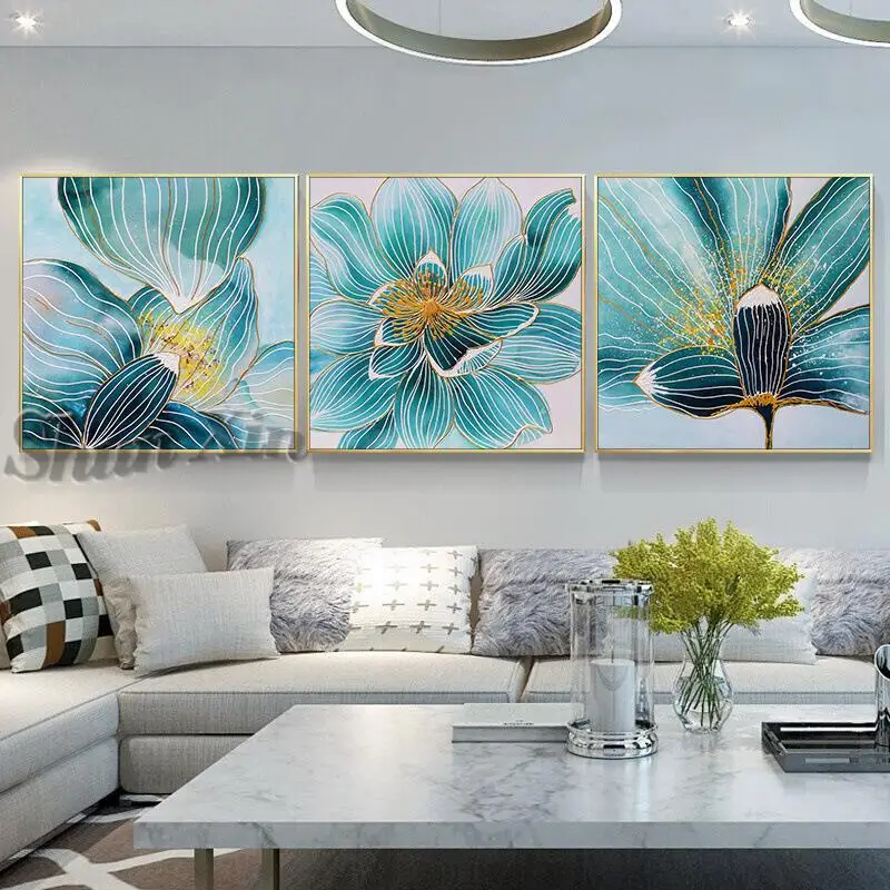 

Картины с голубыми цветами, 100%, ручная роспись маслом на холсте, абстрактная живопись, настенные картины, украшение для дома, скандинавский ...