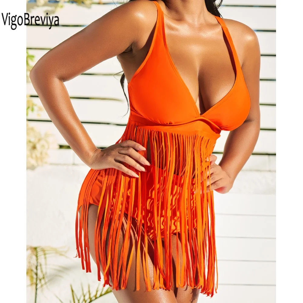 

VigoBreviya 2022 Solid V Neck Strapped Tassel Swimwear Women Sexy High Waist Bikini Push UP Swimsuit Summer Beack Bathing Suit
