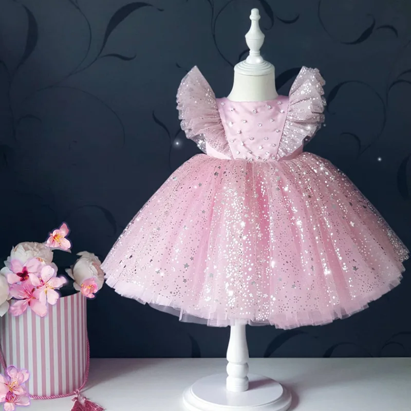 

Baby Kids Prom Dresses for Girls Sequined Tutu Mesh Princess Dress New Short Sleeve Toddler Ball Gowns Children Birthday Clothes