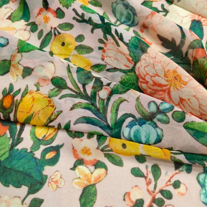 

Chiffon Printed Fabric Pink Flower Stripes Slightly Transparent Dress Top Fabric Width 150cm