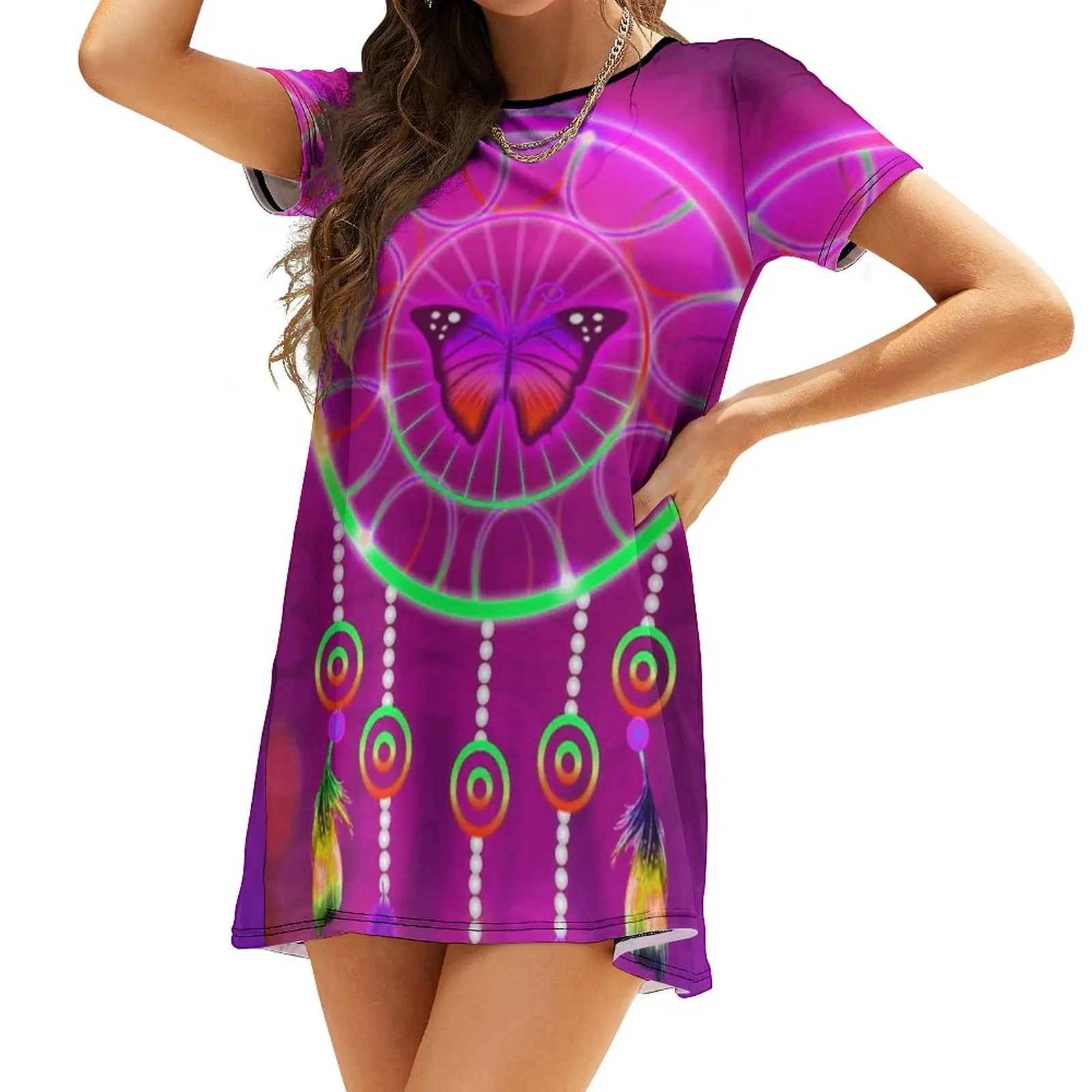 

Summer Women's Sexy Dress Elegant Dresses Dreamcatcher Butterfly Glowing Colorful Print Sexy Dress for Girls