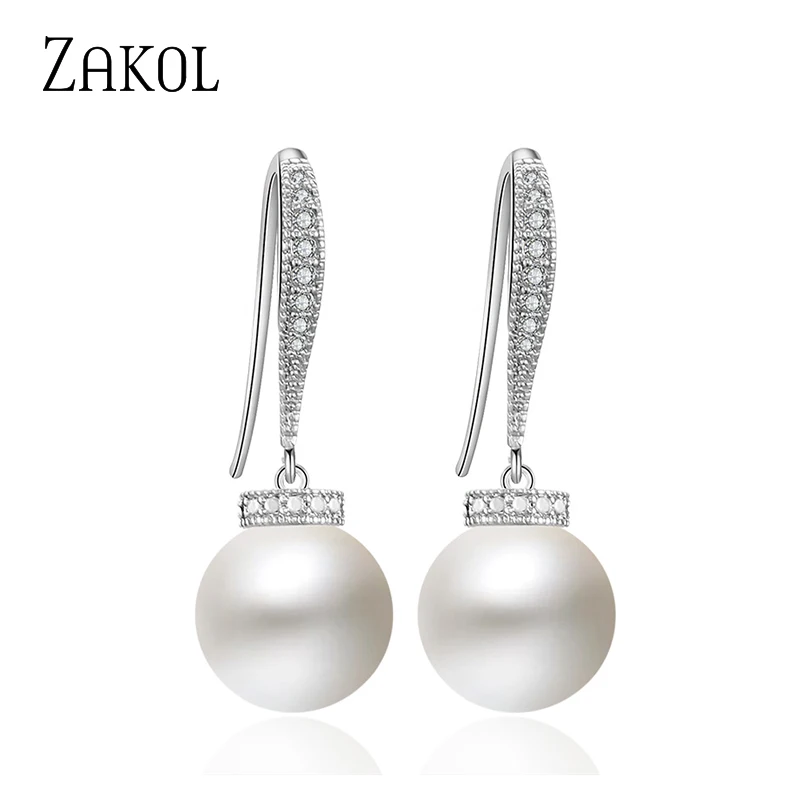 

ZALOL Fashion Round Simulated Pearl & CZ Zirconia Long Dangle Drop HookEarrings Bridal Wedding Jewelry Free Shipping EP2159