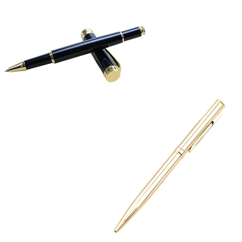 

2 Pcs Pen: 1 Pcs Business Metal Pen Handwriting Spare Pen Black & 1 Pcs Stainless Steel Rotating Ball Pen 1.0mm Gold