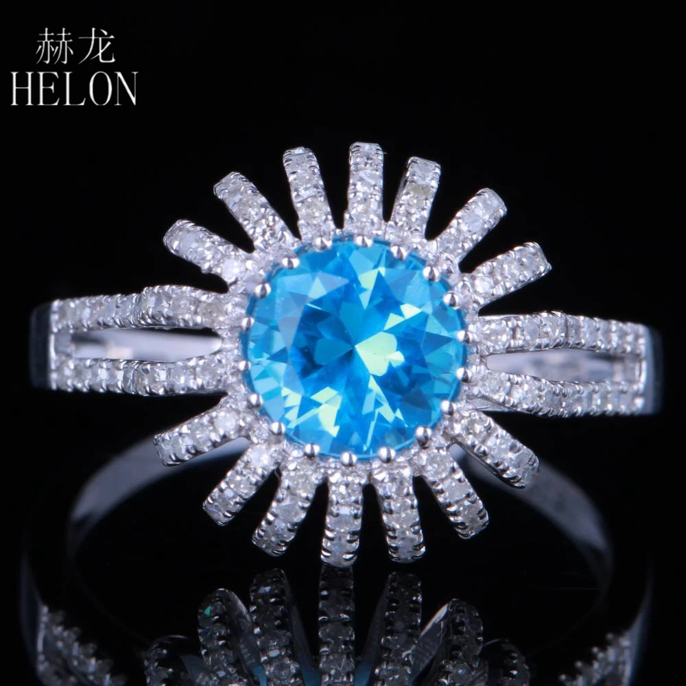 

HELON Solid 10K White Gold Flawless Round 6.5mm Blue Topaz Diamonds Engagement Wedding Ring Women Trendy Fine Jewelry