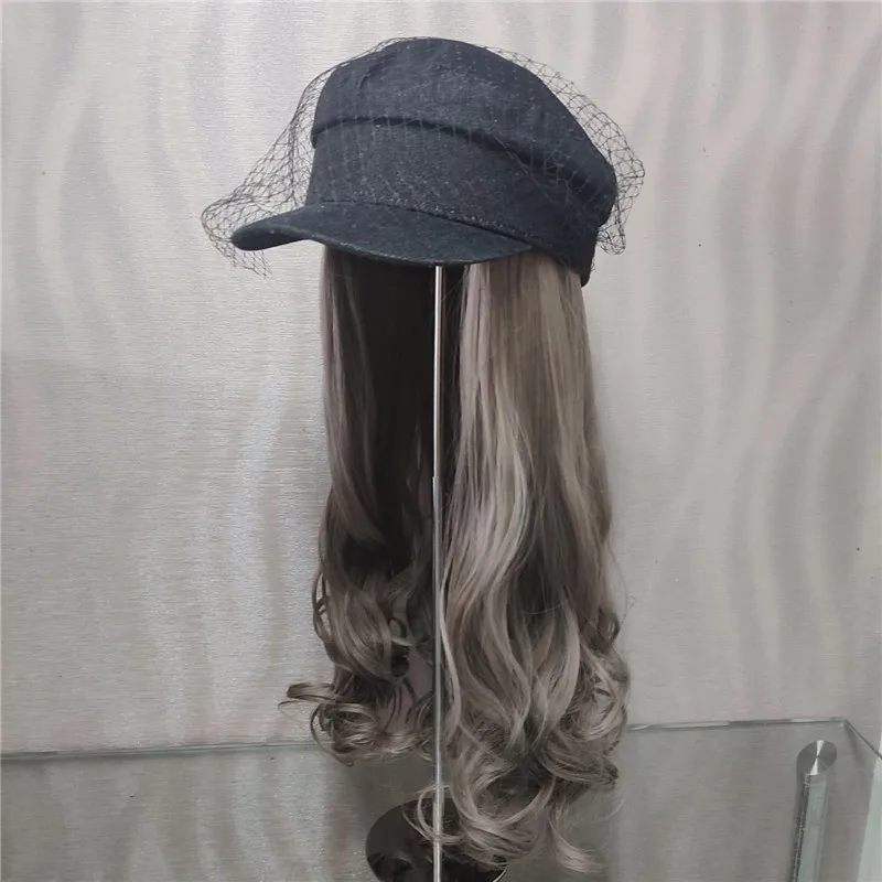 

2022301-Axinxin dropshipping fashion Denim black mesh service hat patchwork Curly False hair lady women leisure visors cap