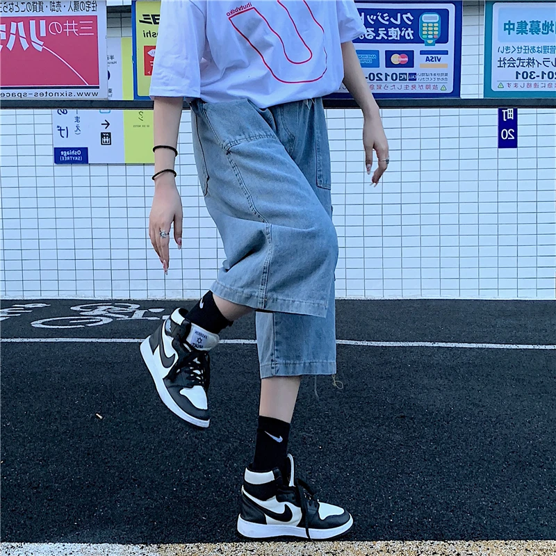 Men Hip-hop Harajuku Seven-point Jeans vintage Wide Leg Seven-point Pants Work With Casual Pants Women Straight Denim Shorts