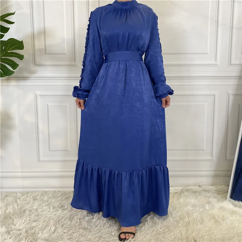 New Fashion Simple Elegant Muslim Dress Women Big Hem Pleated Long Sleeve Long Dresses For Muslim Women Abaya Turkey