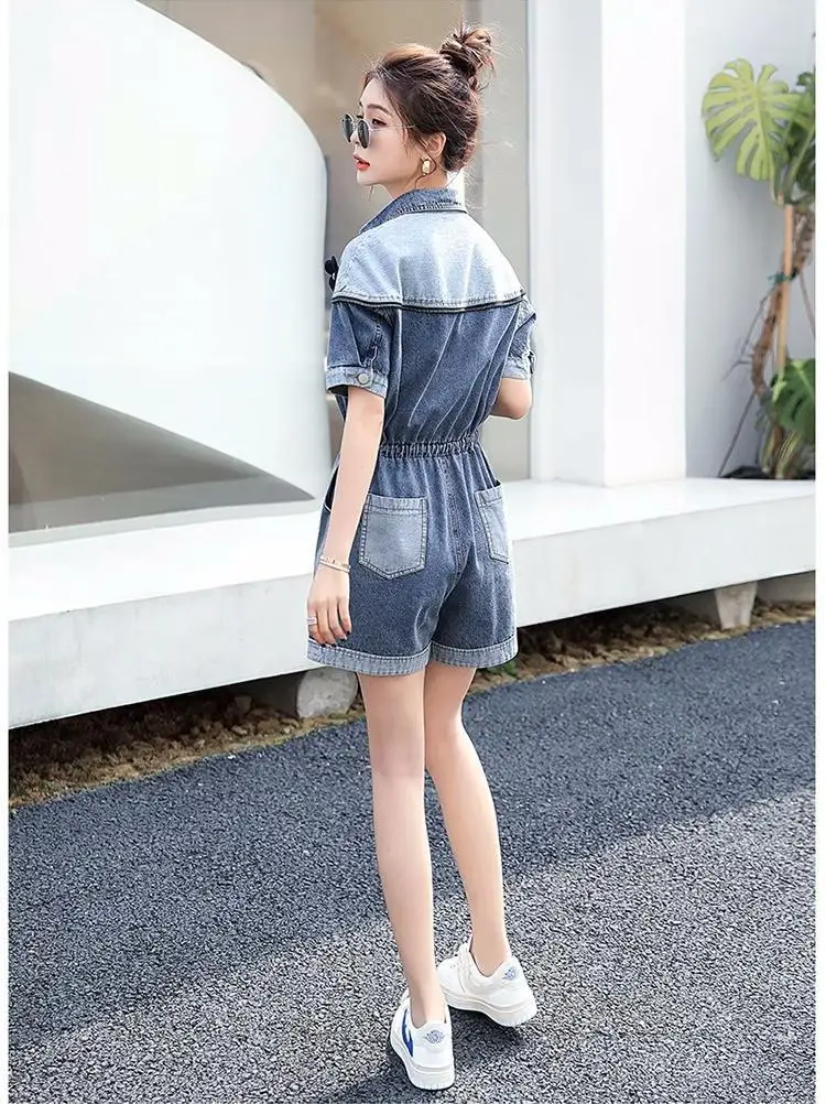 For Women Denim Jumpsuit Casual Wide Leg Short Pants Bodysuit Short Sleeve High Waist Women's Summer Patchwork One Pieces Female