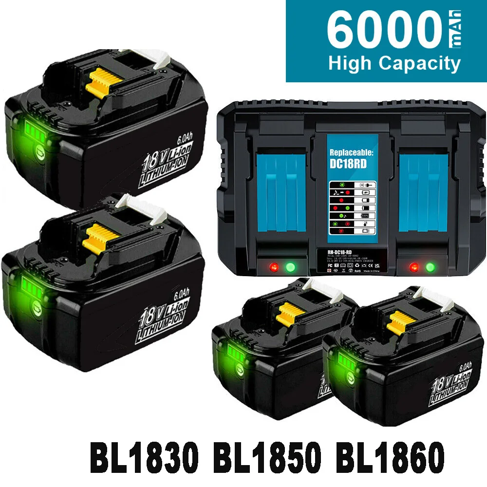 

BL1850 18V 6.0Ah Replacement Battery + 6A 9A 7.2V~18V Charger for Makita BL1815 BL1830 BL1840 BL1850 LXT400 DC18RA DC18RC