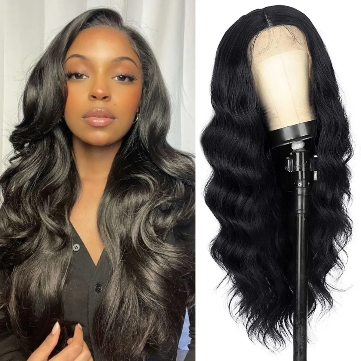 

Парик с черными волнистыми волосами для женщин, синтетический, T-образный, предварительно выщипанный, из натурального волокна для косплея