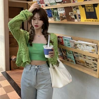 women spring autumn 2021 new set green hollow out knitted cardigan cropped camisole short tops long sleeve camis ribbed suit