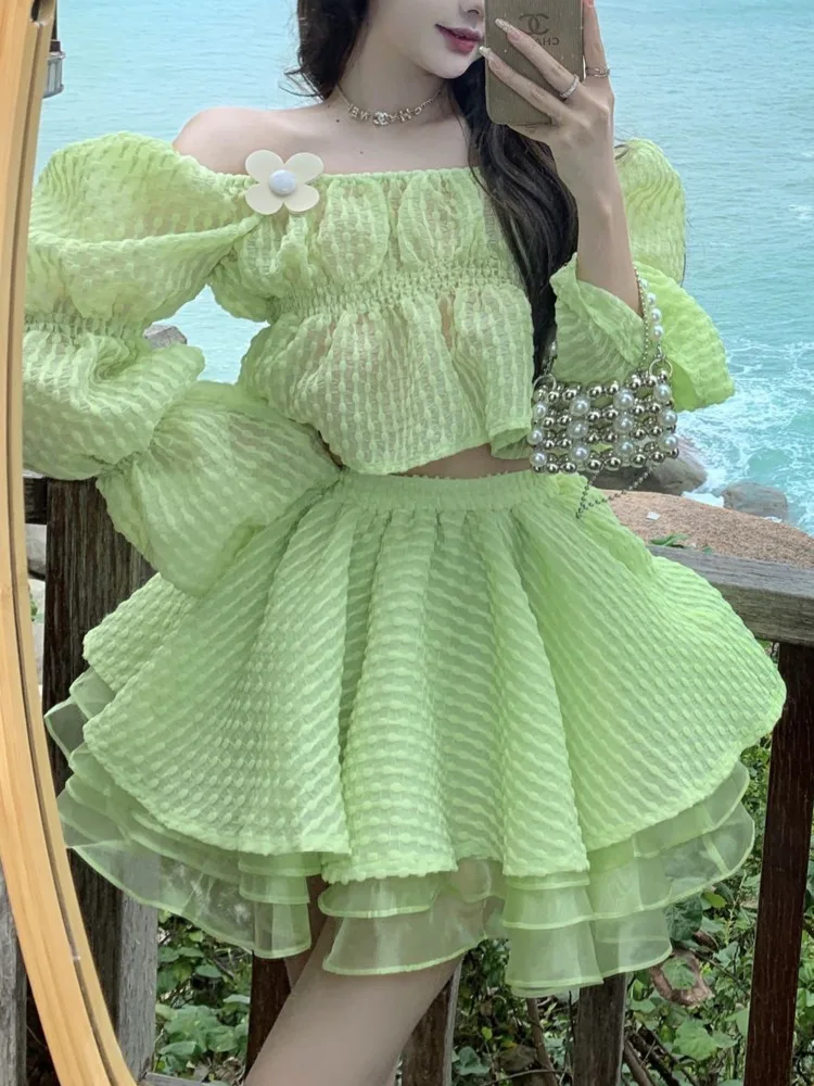 

2022 New Spring Korean Sweet Two Piece Set Women Short Shirt Blouse Crop Top + Mesh Cake Skirt Suits Fashion Fairy 2 Piece Suits