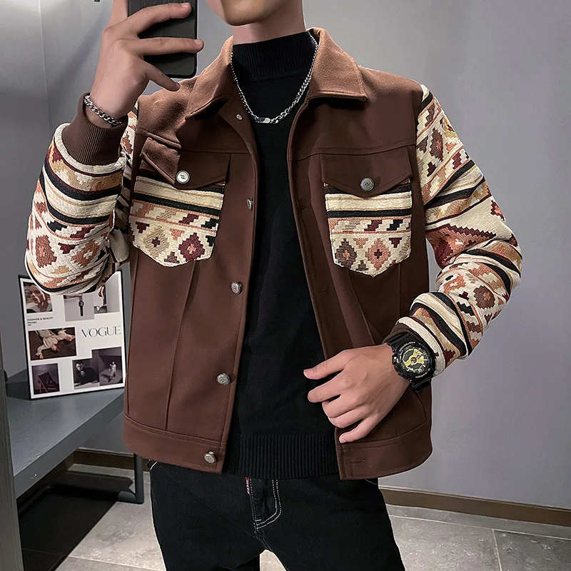 

Korean Style Lapel Retro Patchwork Jacket Men Fashion Slim Business Casual Outwear Social Streetwear Bomber Jacket Men Clothing
