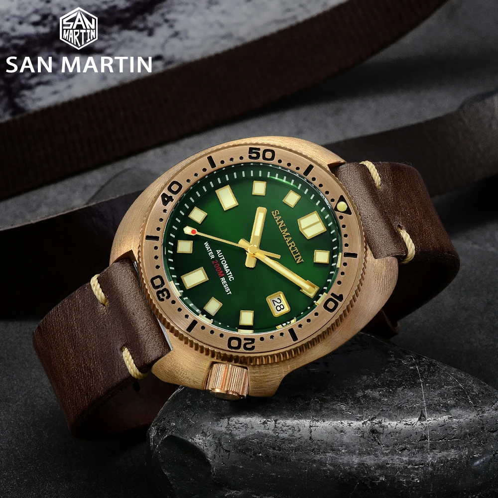 

San Martin CUSN8 Abalone Bronze Diver Men Mechanical Watch Luminous Water Resistant 200M Leather Strap Stylish Sapphire Crystal