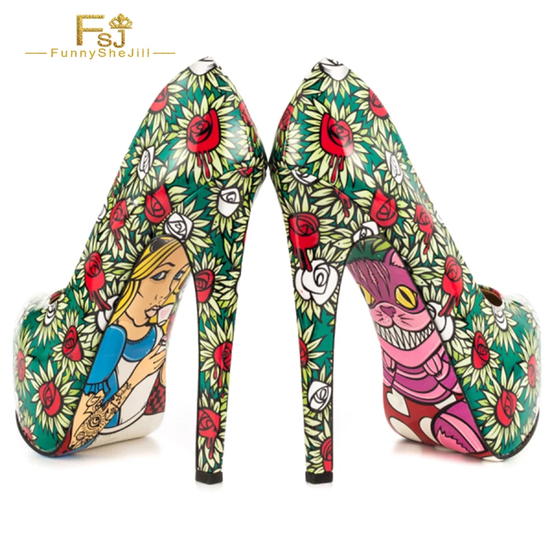 Alice in Wonderland Floral Heels Platform Pumps for Halloween Floral Print Women Dress Party Large Size 14 15 Shoes FSJ