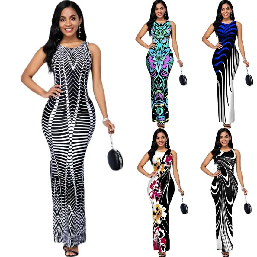 

2022 Летняя женская одежда, модное облегающее платье с цифровым принтом и круглым вырезом, оптовая продажа