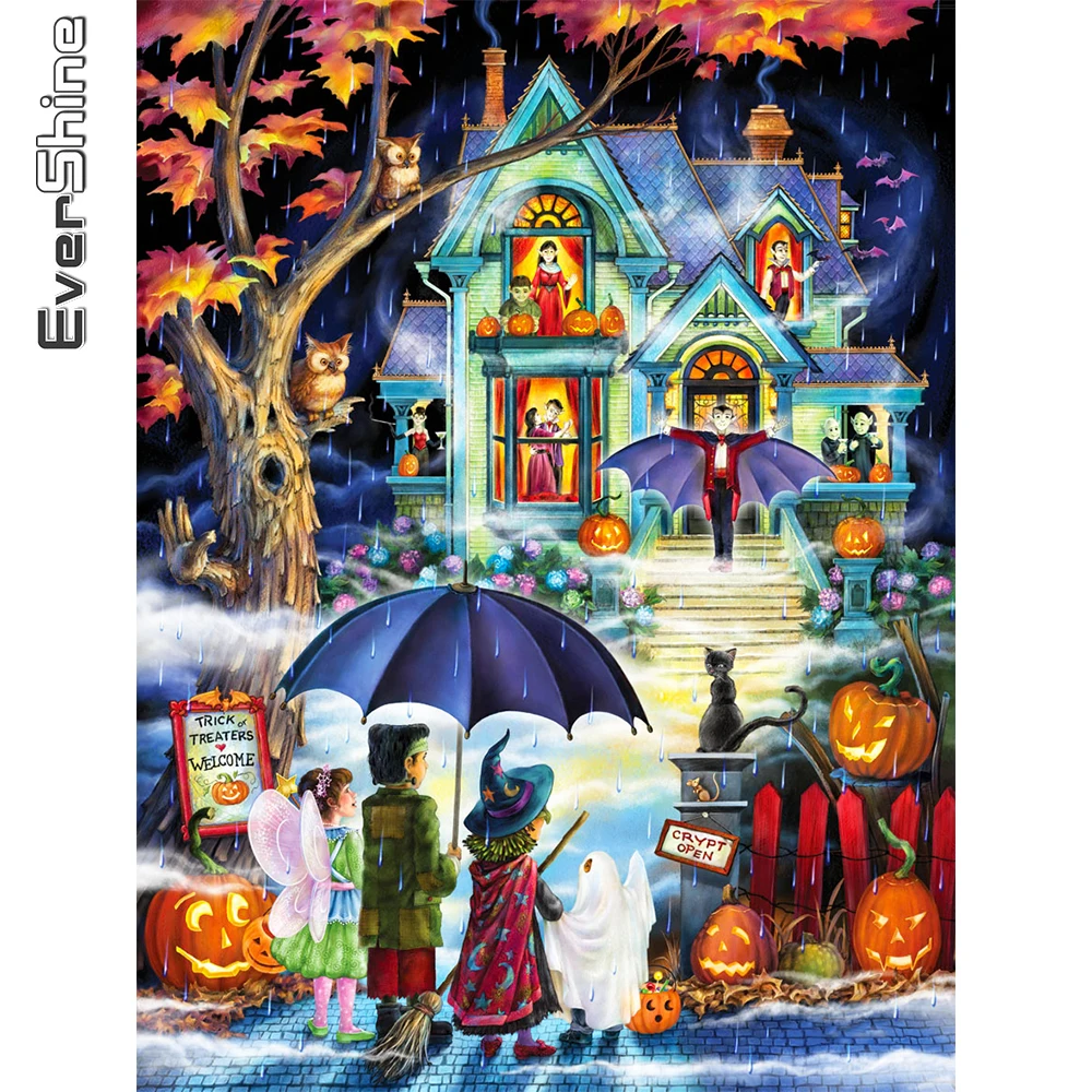 

EverShine Diamond Embroidery House Landscape Handicraft Mosaic Pumpkin Diamond Painting Halloween Portrait Needlework Home Decor
