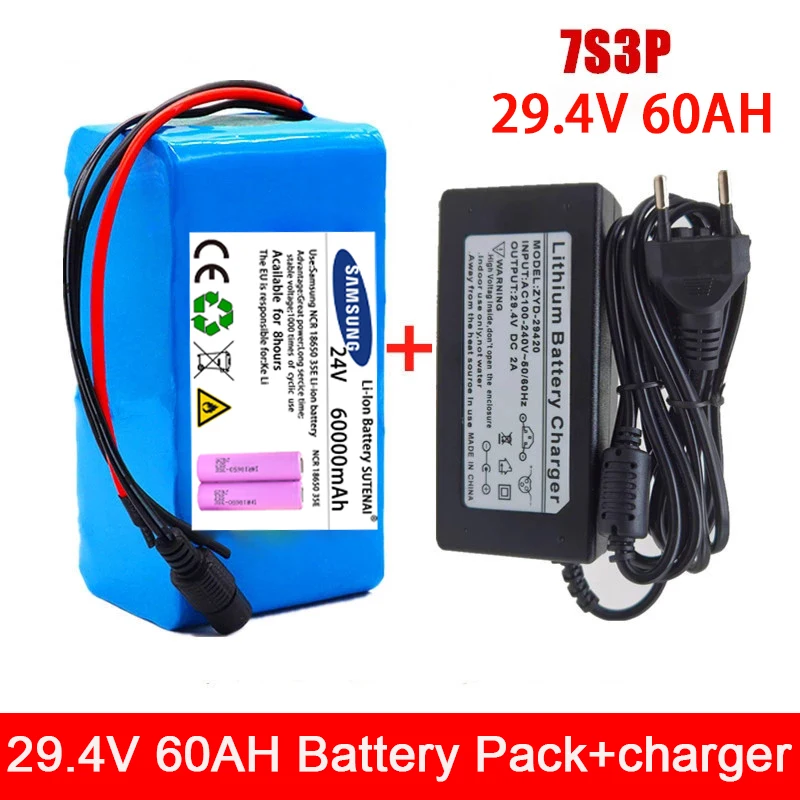 

Литиевая батарея 24 В, 60 ач, 7s3p 18650, аккумулятор 24 В, 60000 мА/ч для электрического велосипеда, мопеда, внешний аккумулятор + зарядное устройство 2 А