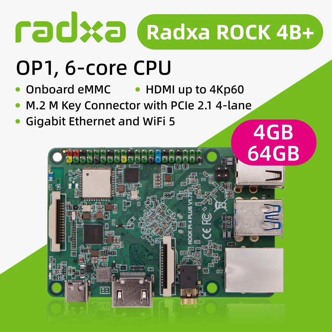 AvaCoreRadxa ROCK 4B Plus OP1 RK3399 6-ядерный одноплатный компьютер 4K с PCIe 2.1, двойным Wi-Fi и 5-гигабитным Ethernet в металлическом корпусе (art.: 3920dc0d9c765) - 3920dc0d9c765