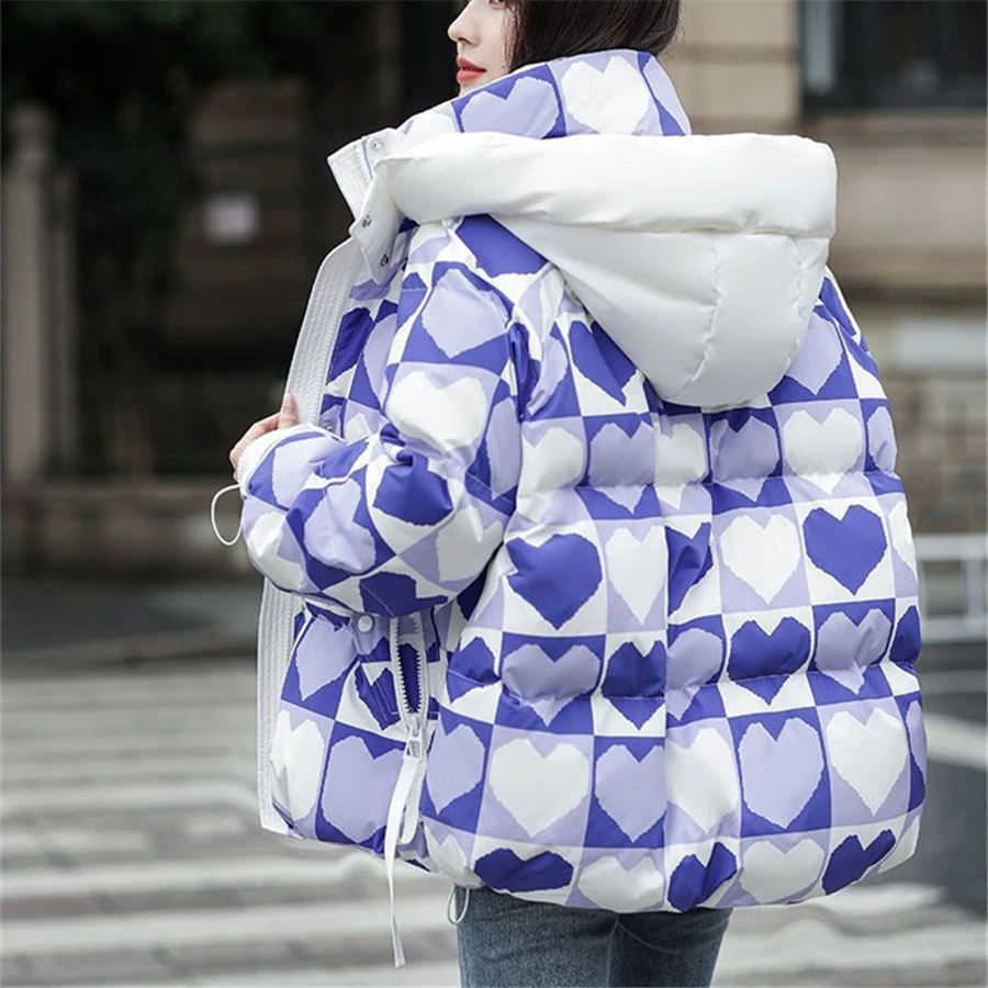 Short Winter Hooded Heart Print Women Jacket Warm Thick Parka Cotton Padded Coat Snow Waterproof Outwear Casual Korean Abrigo