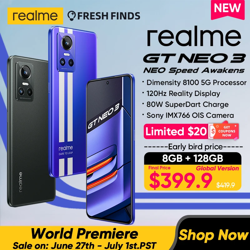  realme gt neo 3 5G Dimensity 8100 6,72 \"120 Гц OLED-дисплей Sony IMX766 OIS Камера 80 Вт SuperDart Charge 5000 мАч Аккумулятор Специальный дисплей Процессор 