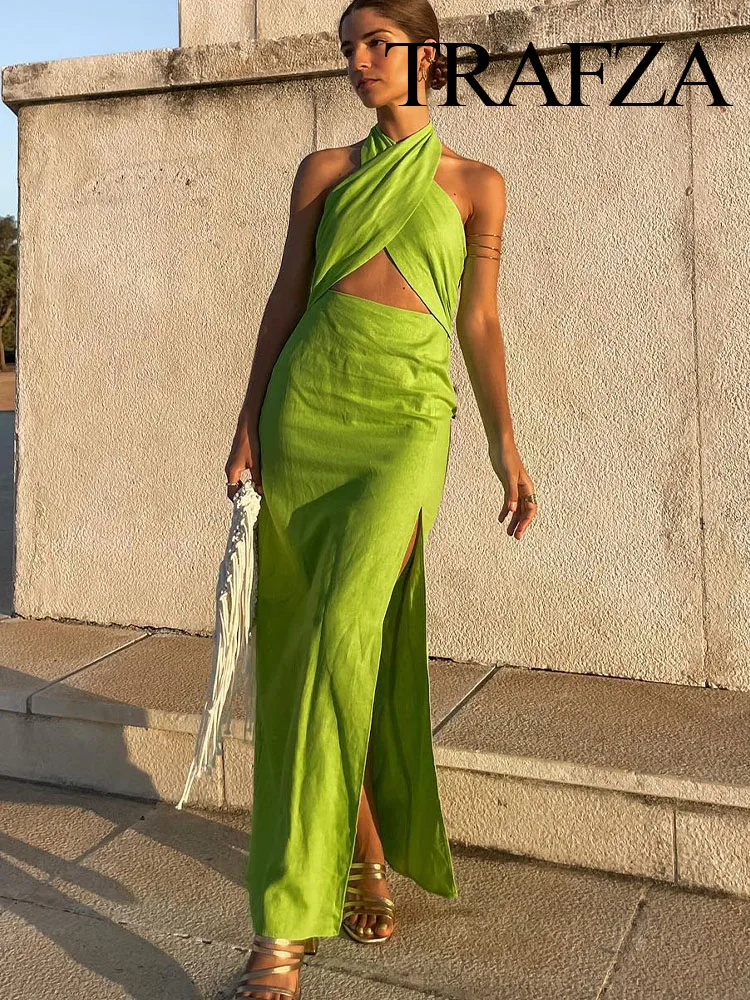 

TRAFZA Summer Woman's Elegant Long Dresses Green Sling Hollowed Out Sleeveless Backless Lace-Up Female Sexy Fashion Dresses