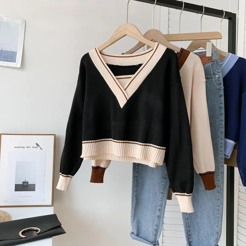 

Women Kintted Pullover Long Sleeve Sweater Top Casual Jumper Sexy Knitwear Fake Two-piece Winter WarmT-shirts for Female 5colors