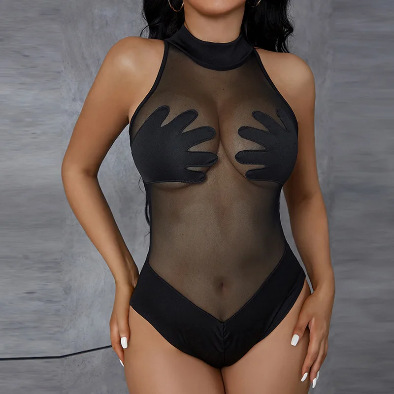 

Woman Sleeveless Short Jumpsuit Solid Color Hug Hand Shaped Mesh Patchwork Playsuit S-L