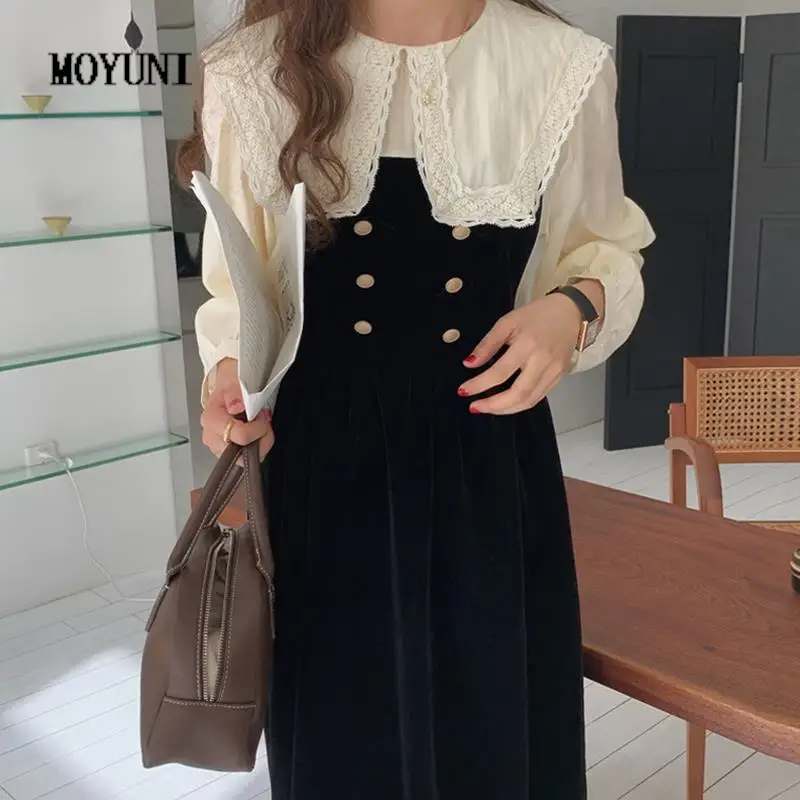 

Vintage Doll Collar Fake Two Piece Maxi Black Dress Women Long Vestidos Mujer 2022 Casual Velvet Women Dress Clothing Lace Up