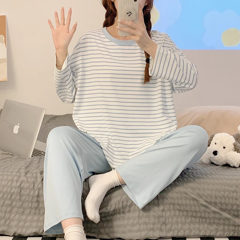 CAIYIER Winter Korean Sleepwear O-Neck Black Stripe Nightwear Casual Chic Winter Pajama Set Long Sleeve Trousers Kawaii Homewear