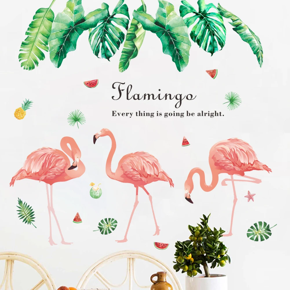 Pink Flamingo Queen Animal Decor Wall Sticker DIY Tropical Leaves Wall Sticker Kids Bedroom Living Room Nursery Home Decor