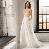 sexy sweetheart neck spaghetti straps appliques sleeveless wedding dress 2022 lace up illusion back tulle train bridal gown