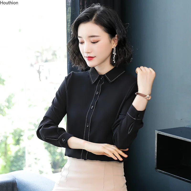 

Chiffon Women's Blouses Buttons Spring/autumn Fashion Top Long Sleeve New Shirt Casual Solid Clothing Houthion