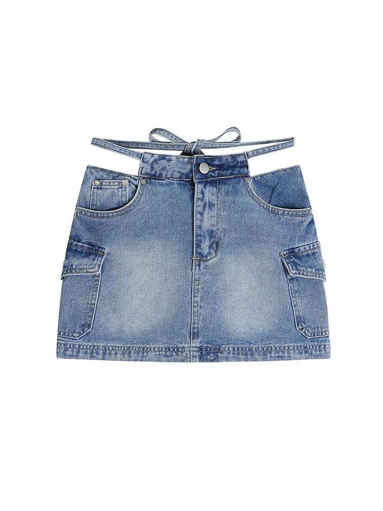 

Женская джинсовая мини-юбка с карманами, голубая ажурная юбка с завязками в стиле ретро, 2023