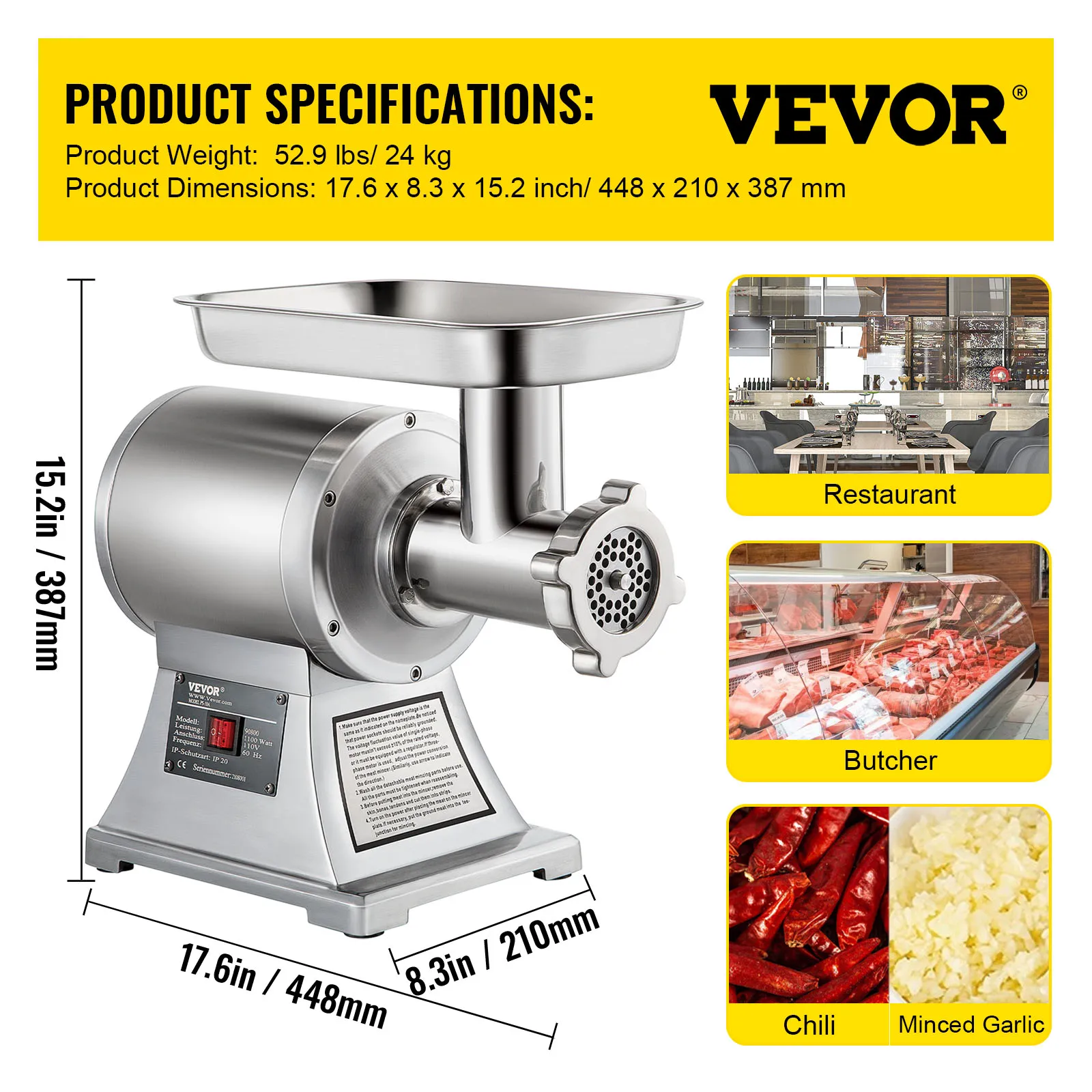 vevor 250kgh electric meat mincer grinder 1100w commercial kitchen chopper food processor sausage maker machine home appliance free global shipping