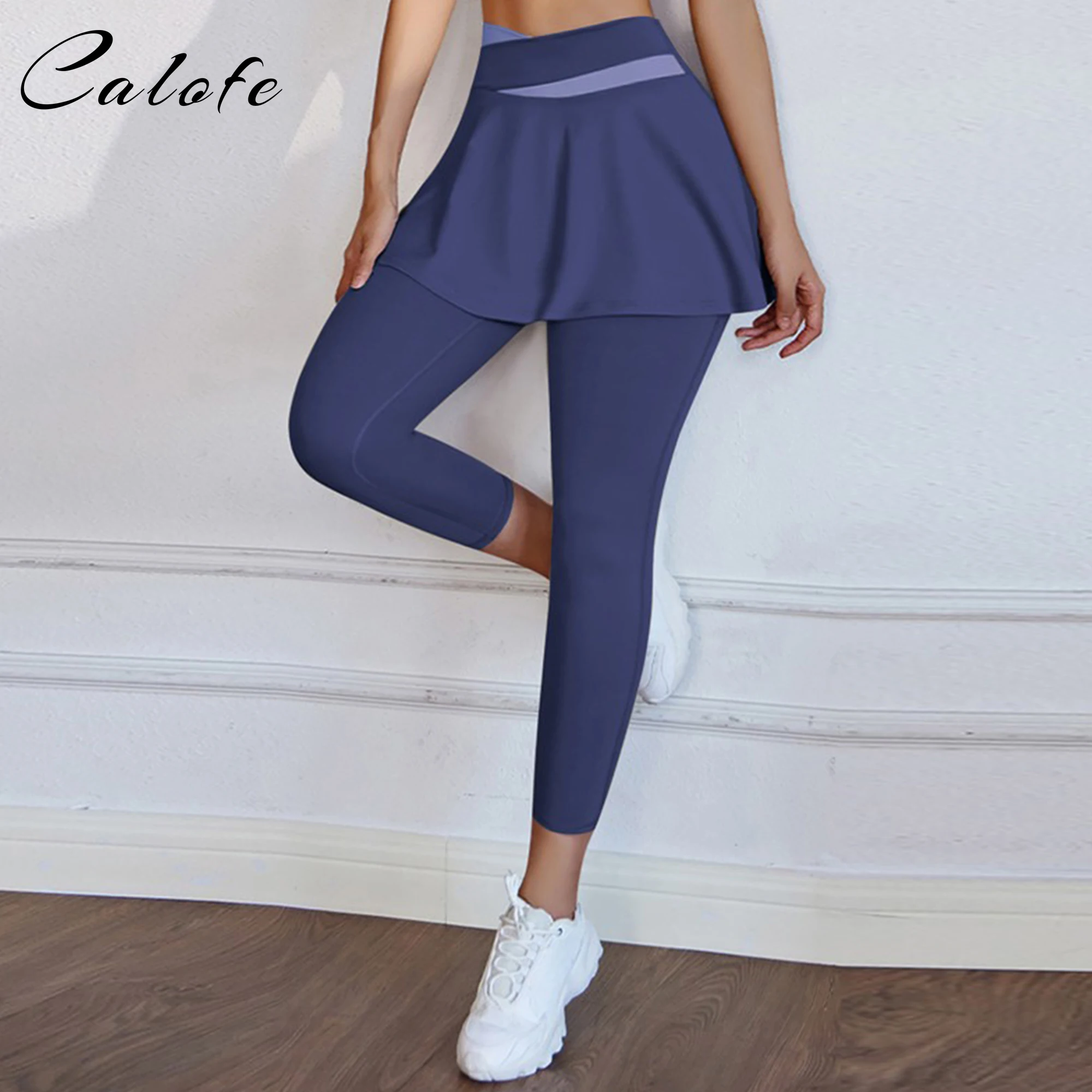 

Women Quick Drying Sport Yoga Legging With Skirt False-Two-Piece Gym Nude Feel Crossover High Waist Tight