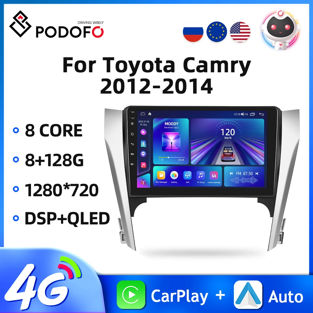 

Автомагнитола Podofo, 2DIN, 10,1 дюйма, Android 11, для Toyota Camry 2012-2014, мультимедийный видеоплеер для Carplay, Автомобильная GPS-навигация, 4G, Wi-Fi