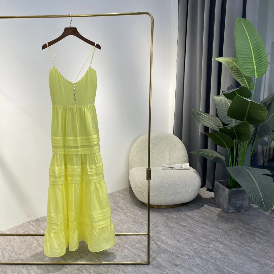 

Bright Yellow Strapless Dresses 2022 Spring New Solid Ramie Top Quality Pleated Craft Long Tank Dress Beach Style