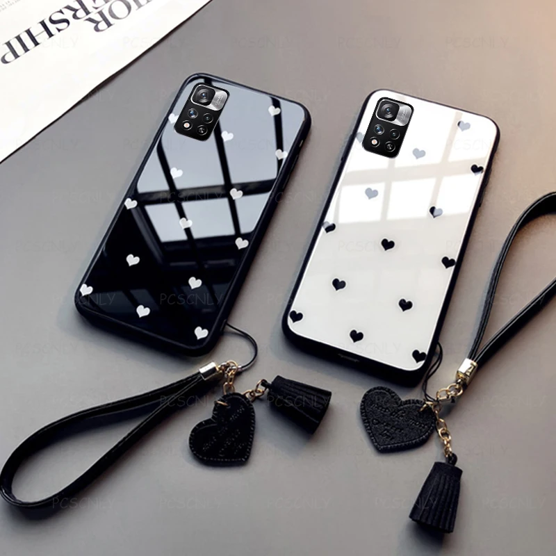 

Glass Case For Redmi Note 11 Pro 11Pro+ 11T 5G Fashion Love Heart Phone Hard Cover with Lanyard