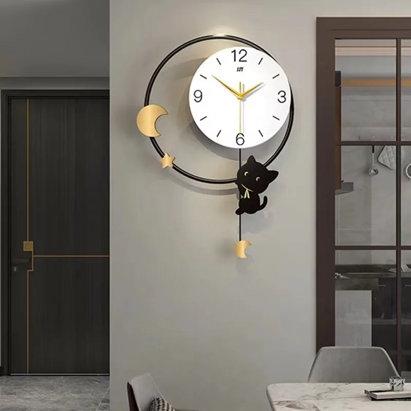 Современные модные настенные часы с маятником в форме кошки декоративные для